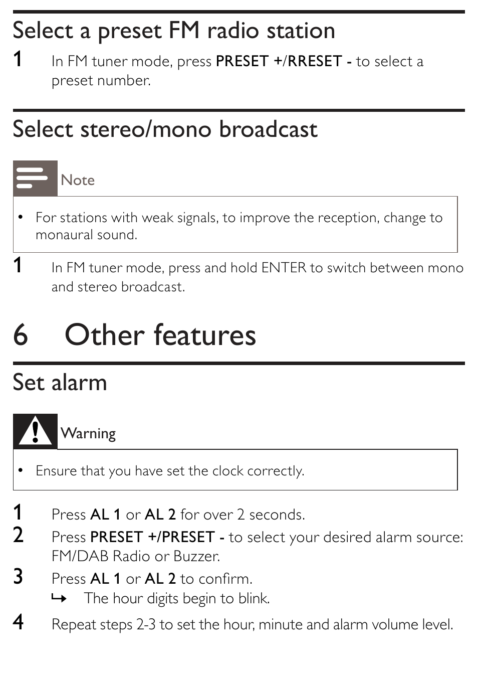 6 other features, Select a preset fm radio station, Select stereo/mono broadcast | Set alarm | Philips AJB1002/79 User Manual | Page 15 / 25