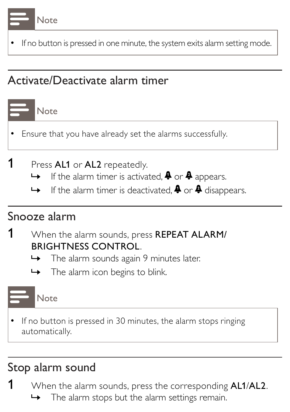 Activate/deactivate alarm timer, Snooze alarm, Stop alarm sound | Philips AJB1002/79 User Manual | Page 16 / 25