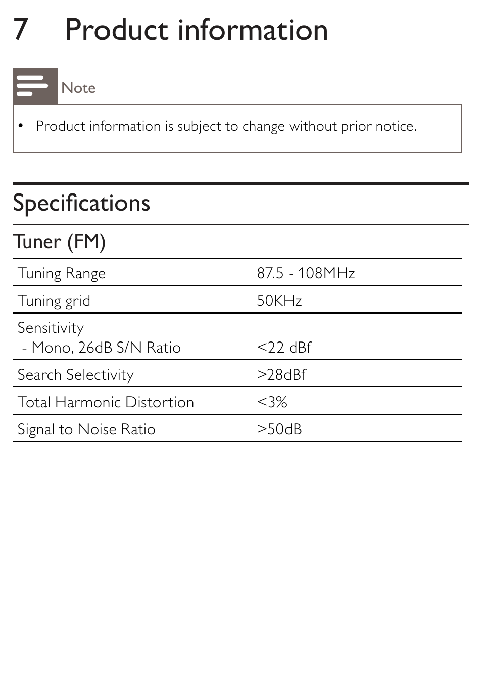 7 product information, Specifications, Tuner (fm) | Philips AJB1002/79 User Manual | Page 18 / 25