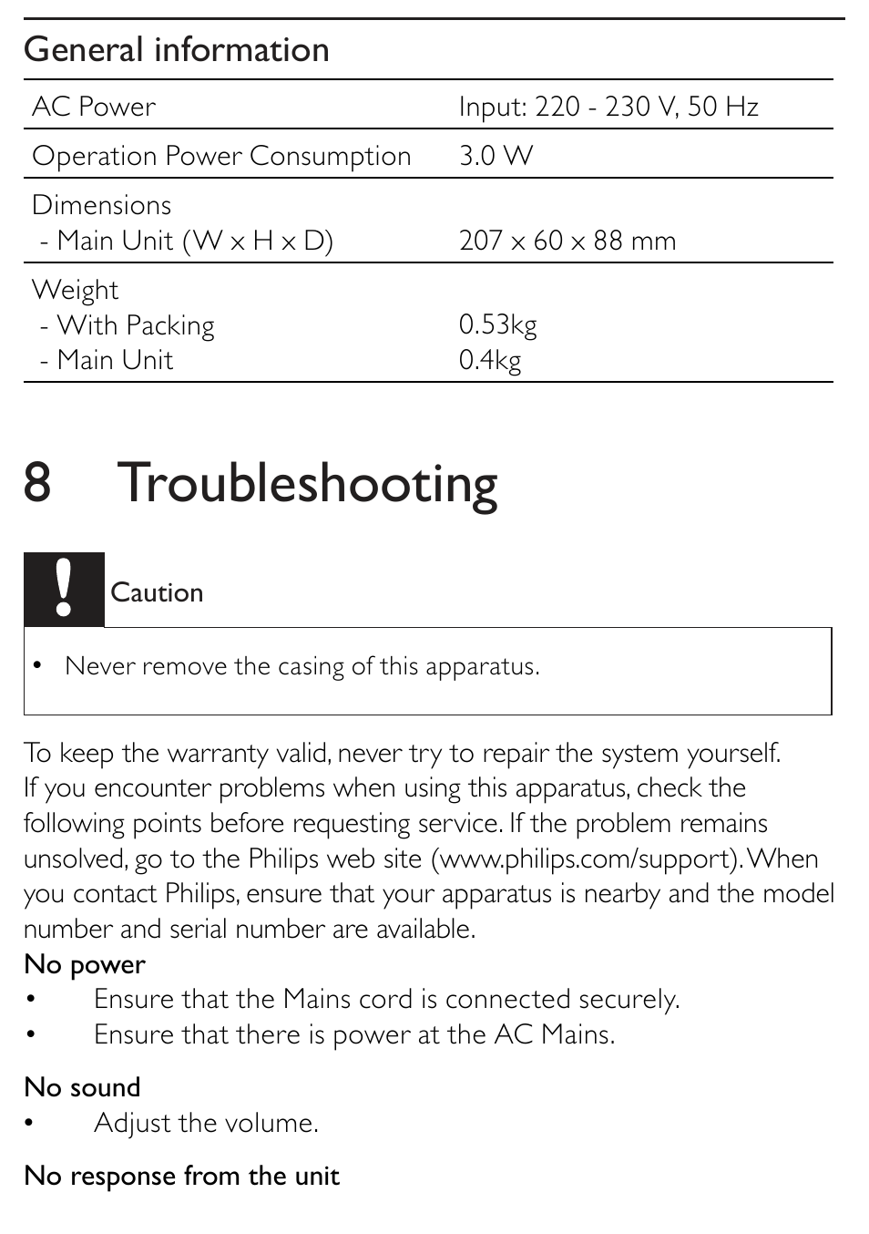 8 troubleshooting, General information | Philips AJB1002/79 User Manual | Page 19 / 25