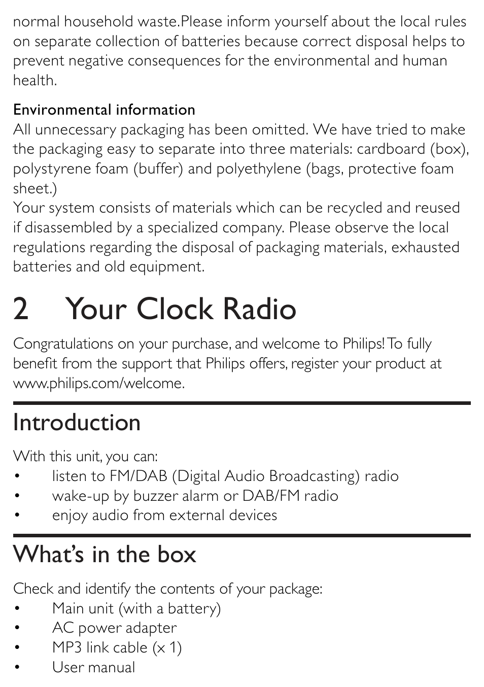 2 your clock radio, Introduction, What’s in the box | Philips AJB1002/79 User Manual | Page 4 / 25