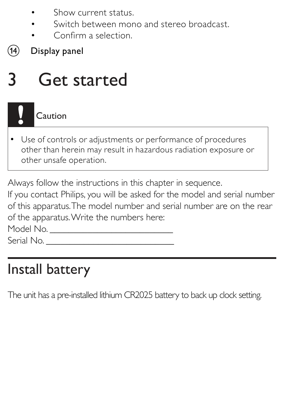 3 get started, Install battery | Philips AJB1002/79 User Manual | Page 7 / 25