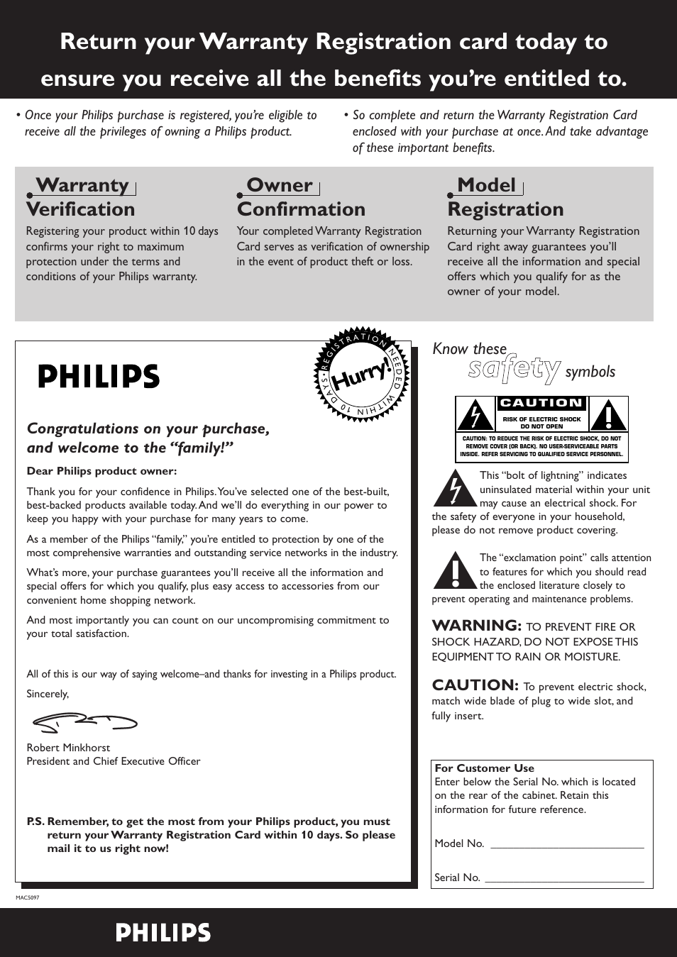 Ssa affe etty y, Hurry, Warranty verification | Owner confirmation, Model registration, Know these, Symbols | Philips MX975D User Manual | Page 2 / 26