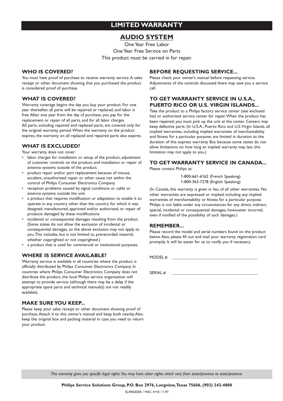 Audio system, Limited warranty | Philips MX975D User Manual | Page 26 / 26