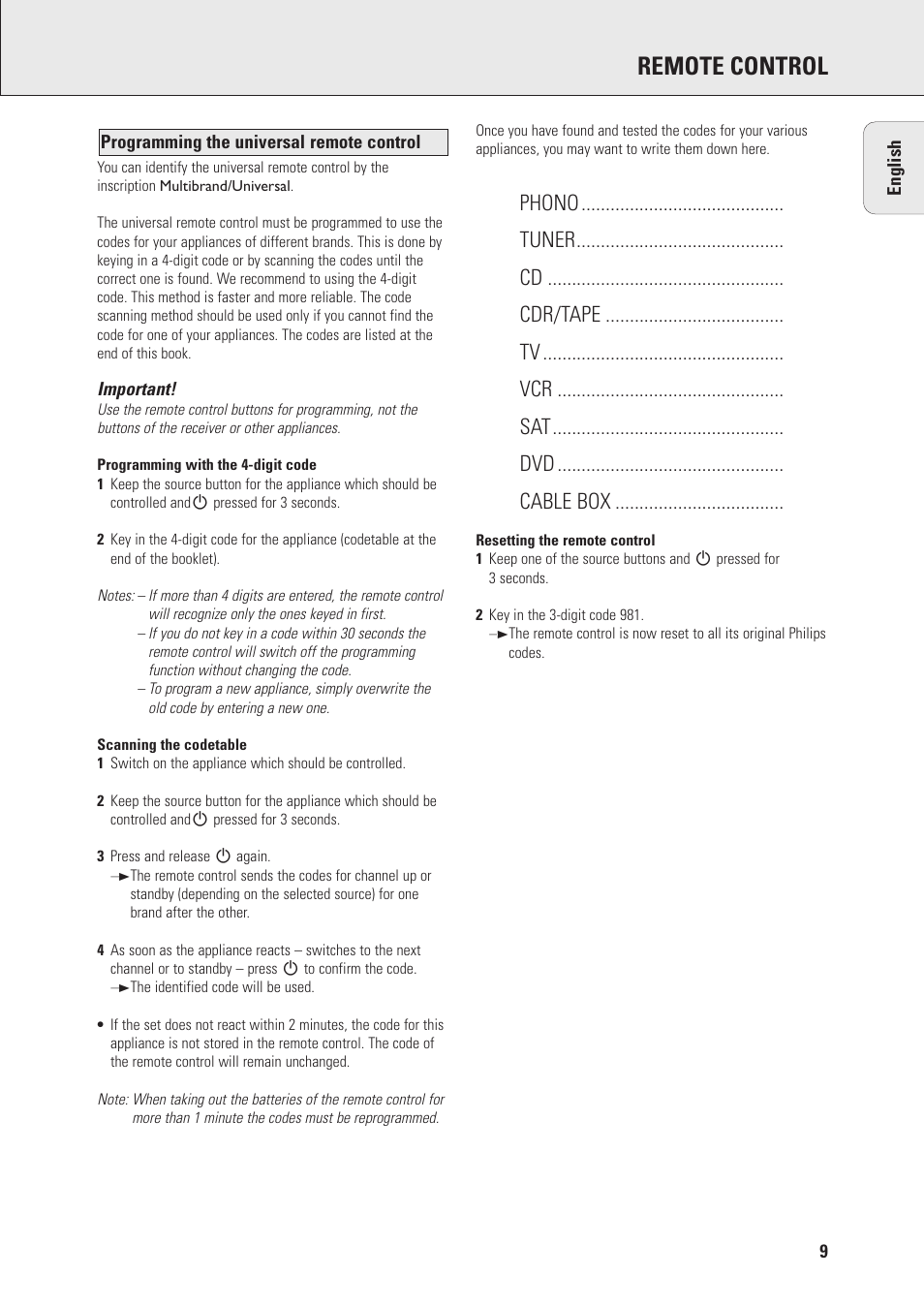 Remote control | Philips MX975D User Manual | Page 9 / 26