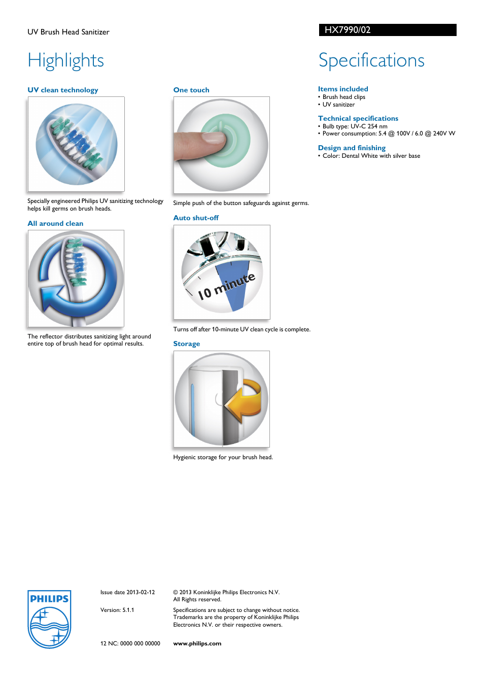 Highlights, Specifications | Philips Sonicare HX7990/02 User Manual | Page 2 / 2