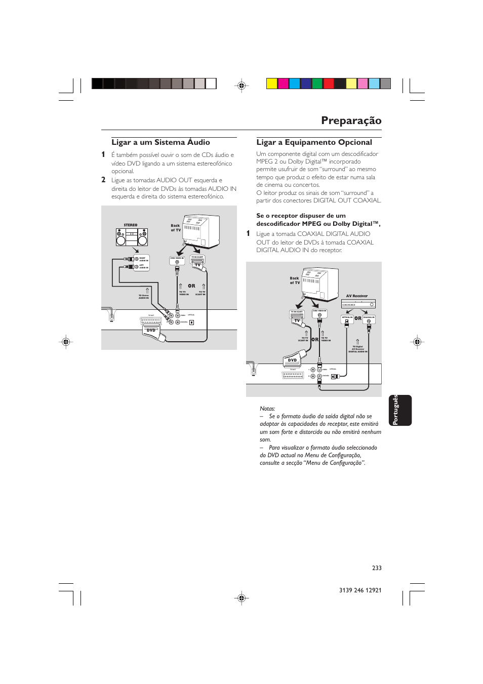 Preparação, Ligar a um sistema áudio 1, Ligar a equipamento opcional | Philips DVD729/021 User Manual | Page 10 / 34