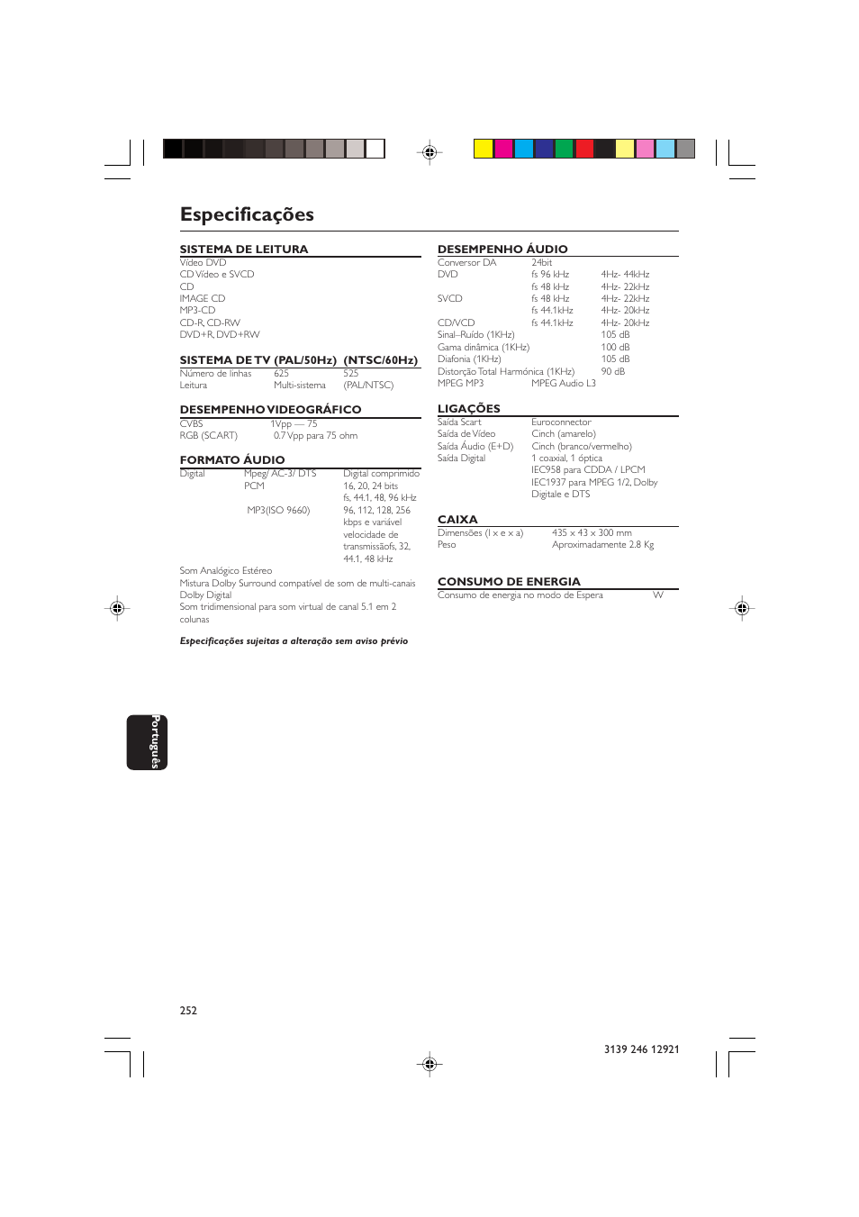 Especificações | Philips DVD729/021 User Manual | Page 29 / 34