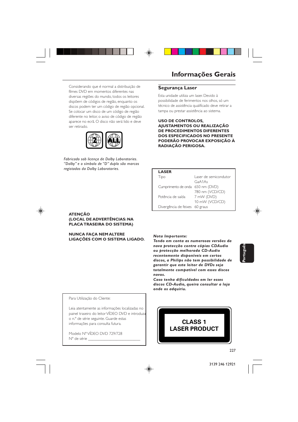 Informações gerais, Class 1 laser product | Philips DVD729/021 User Manual | Page 4 / 34