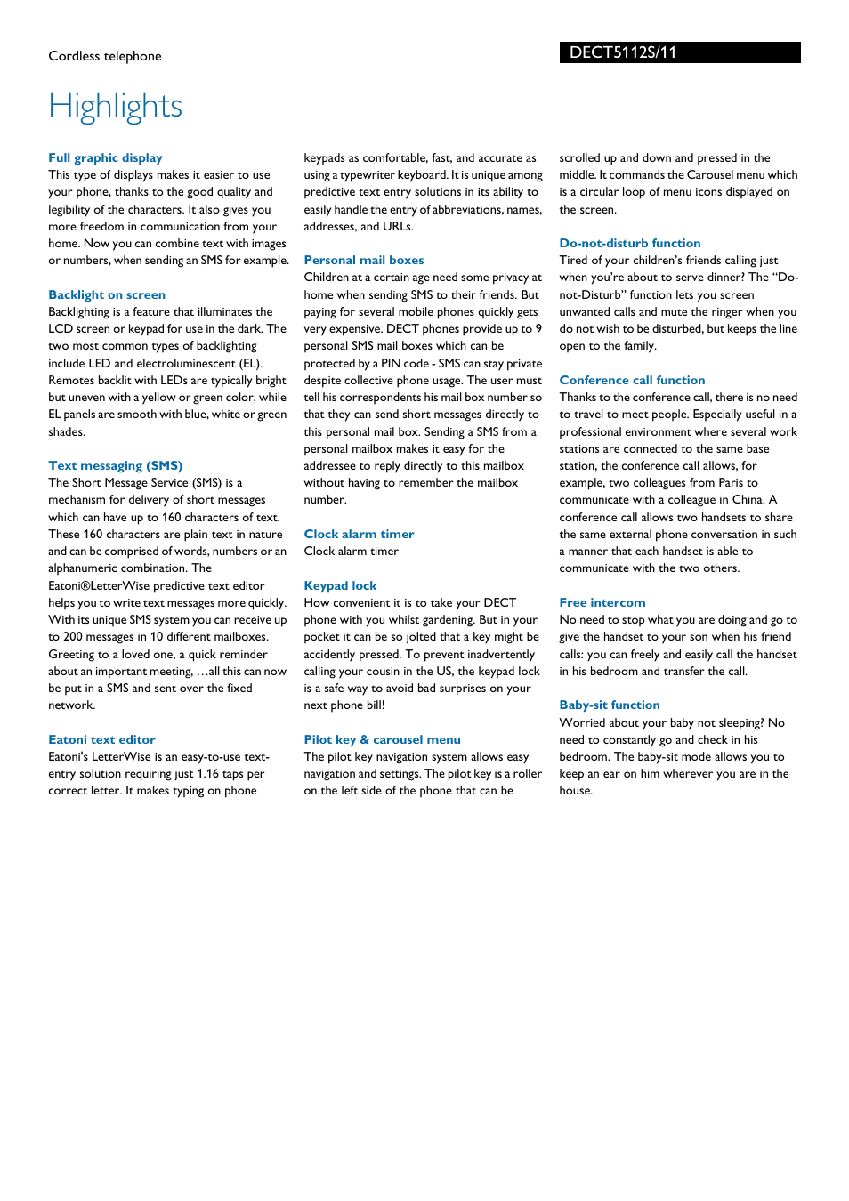 Highlights | Philips DECT5112S User Manual | Page 2 / 3