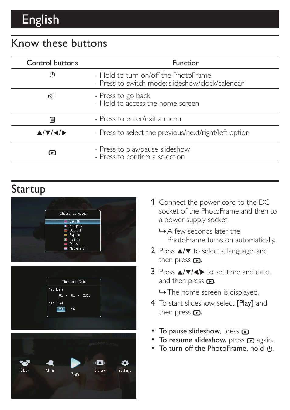 English, Know these buttons startup | Philips SPF1307/05 User Manual | Page 4 / 8