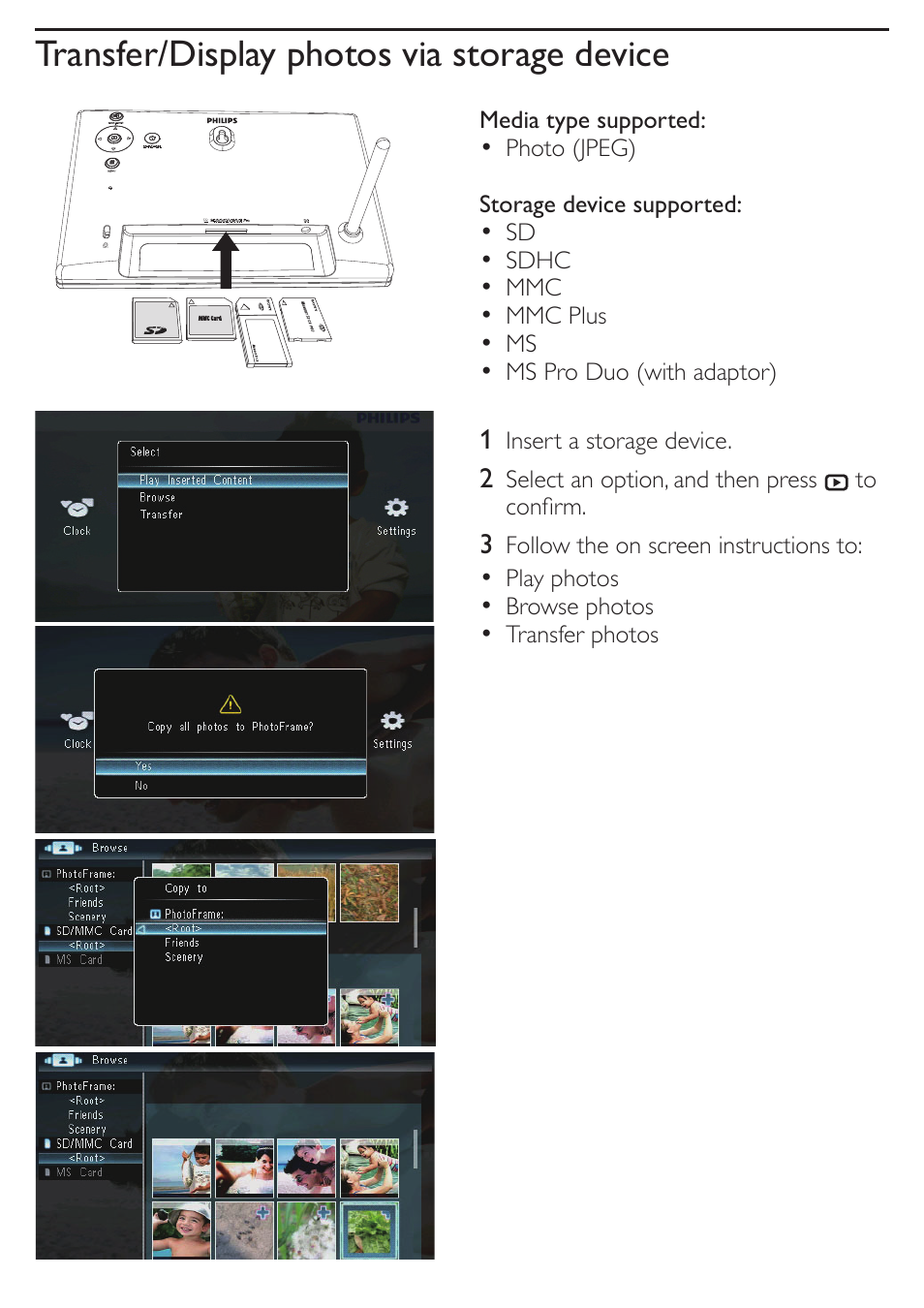 Transfer/display photos via storage device | Philips SPF1307/05 User Manual | Page 5 / 8