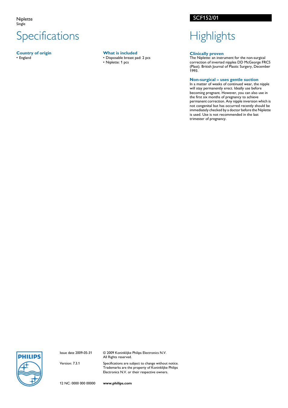 Specifications, Highlights | Philips Niplette SCF152/01 User Manual | Page 2 / 2