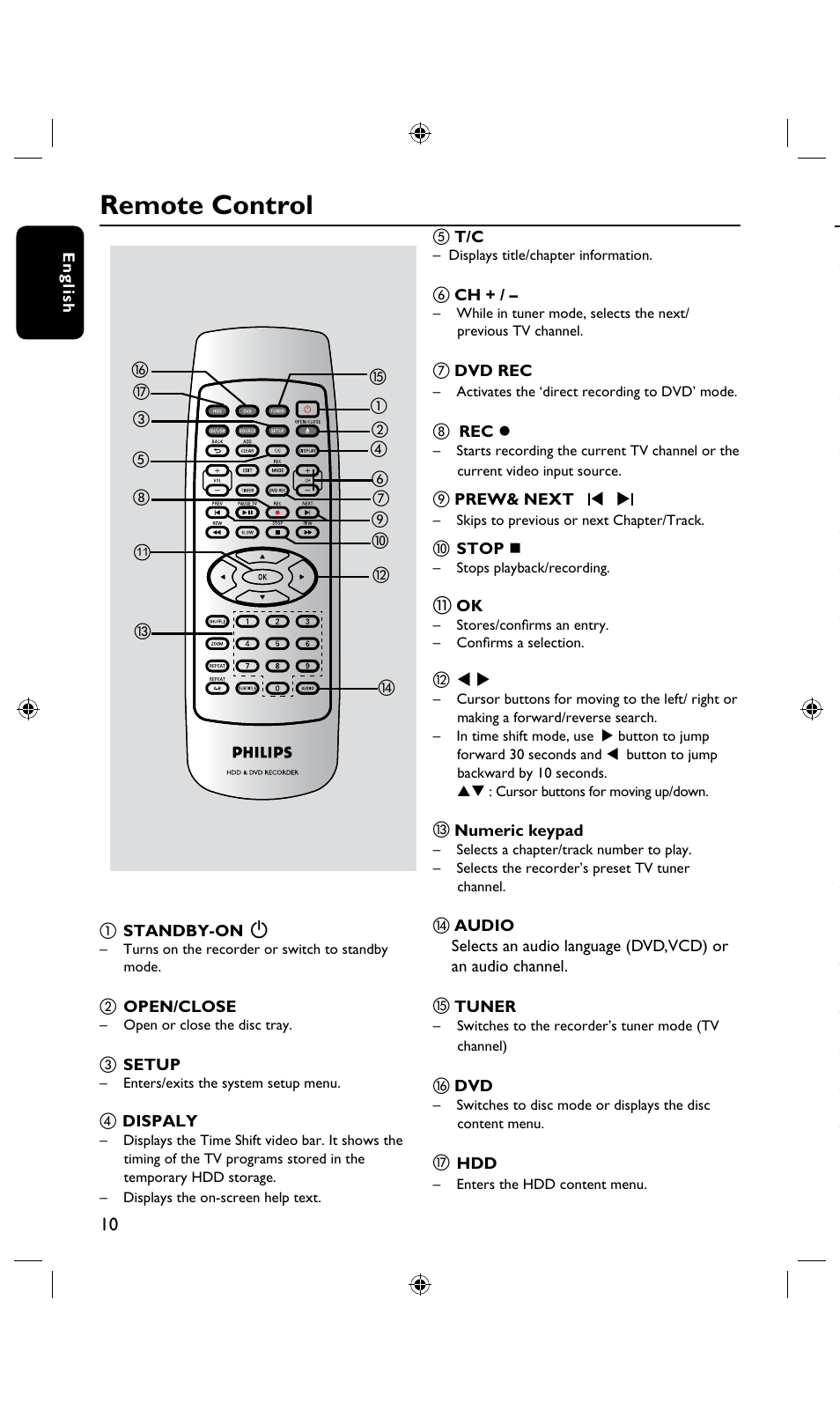 Remote control, Continued) | Philips DVDR3435H User Manual | Page 10 / 73