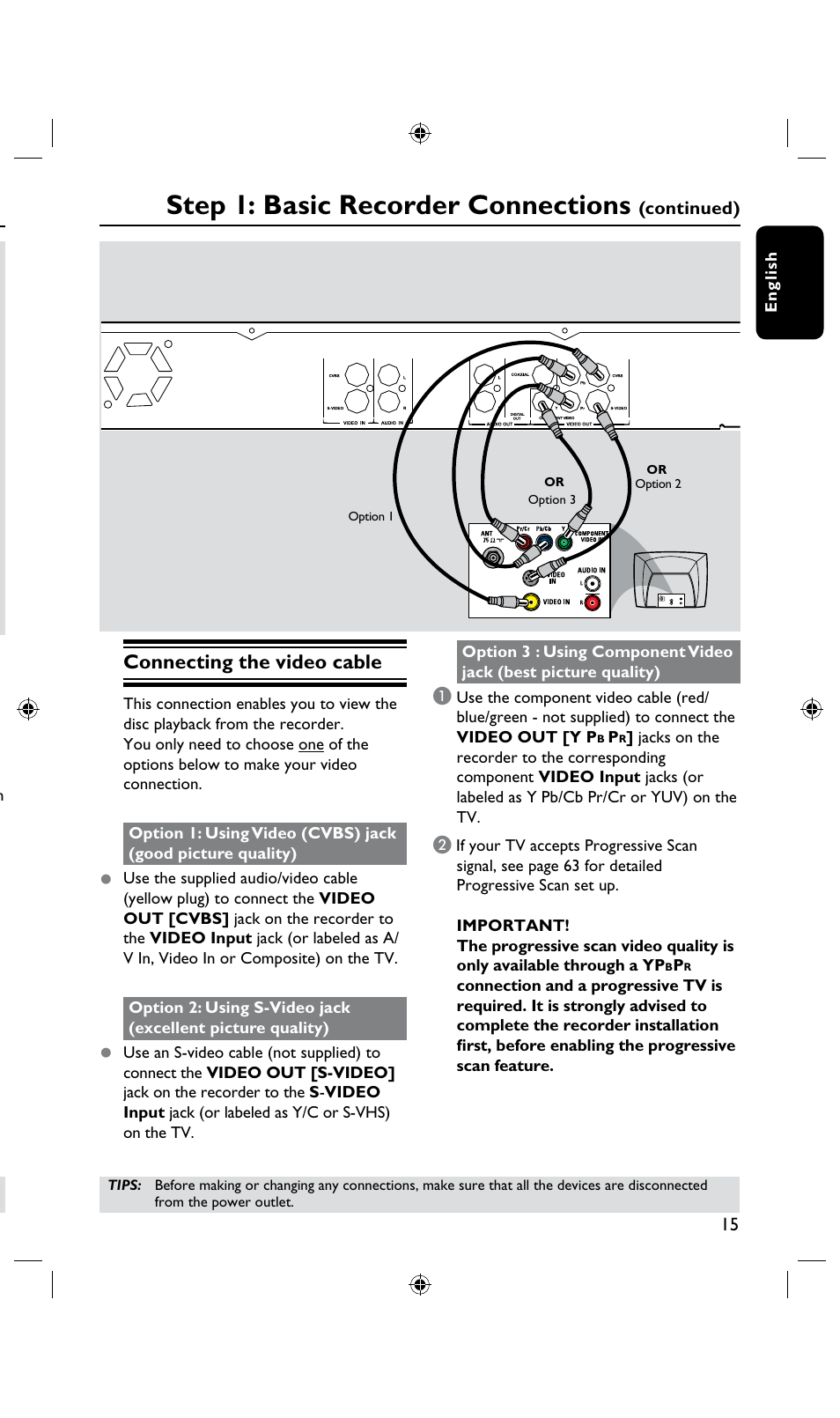 Step 1: basic recorder connections, Connecting the video cable | Philips DVDR3435H User Manual | Page 15 / 73