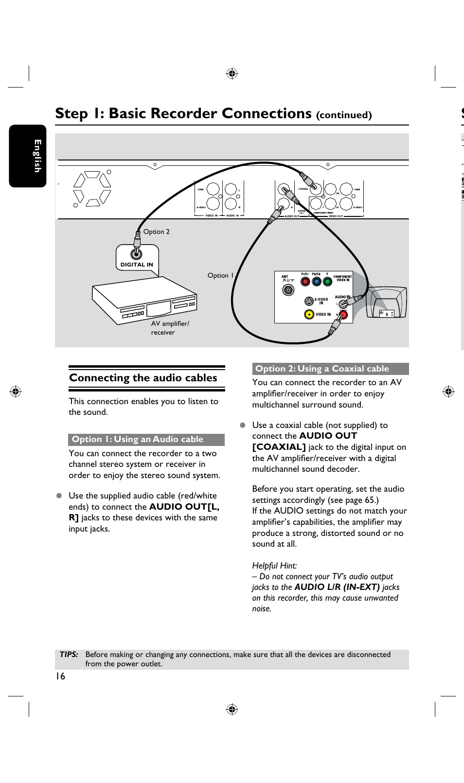 Step 1: basic recorder connections, Connecting the audio cables, Continued) | Philips DVDR3435H User Manual | Page 16 / 73