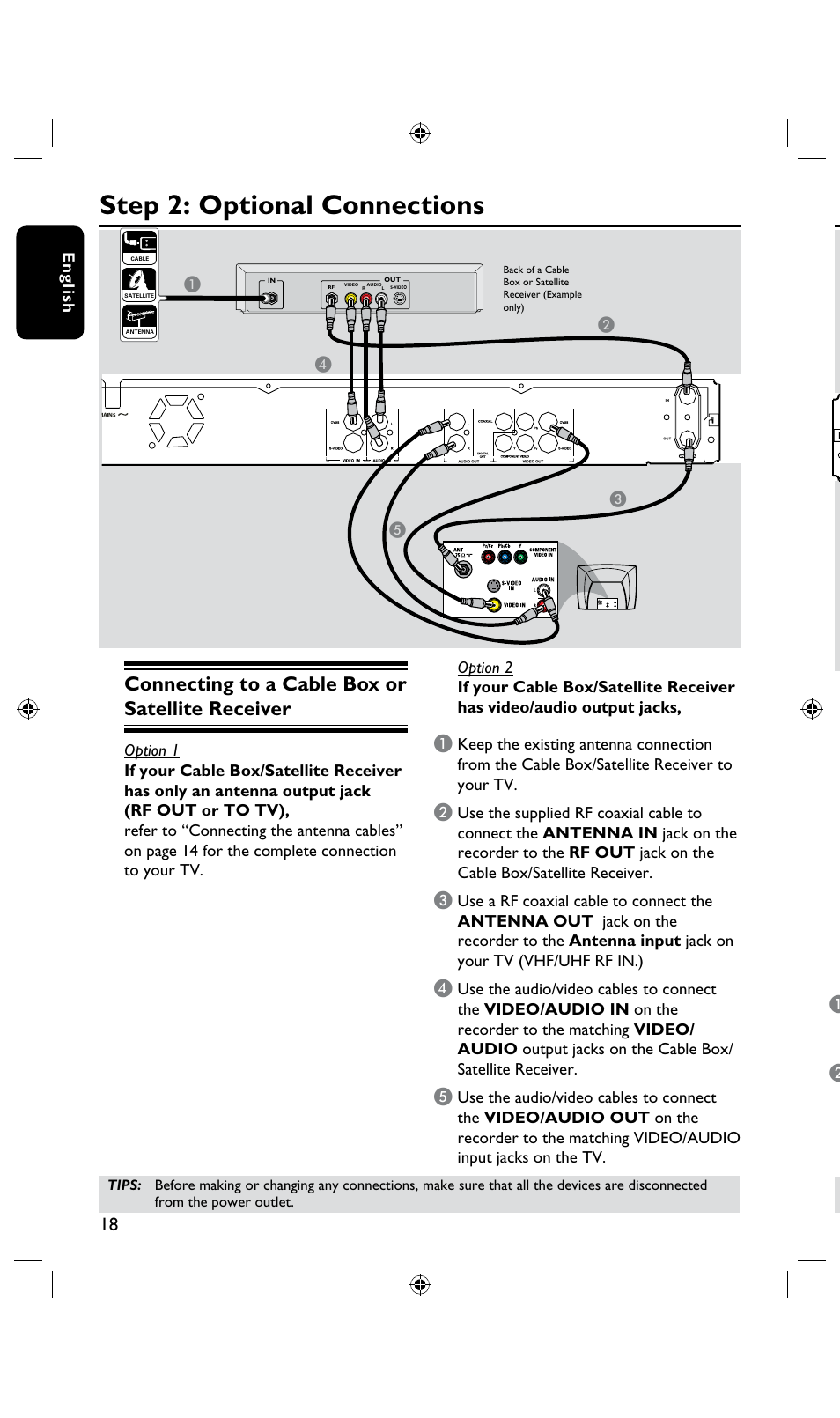 Step 2: optional connections, Connecting to a cable box or satellite receiver, Connecting to a vcr or other similar device | Continued), En g lis h, Ab c | Philips DVDR3435H User Manual | Page 18 / 73