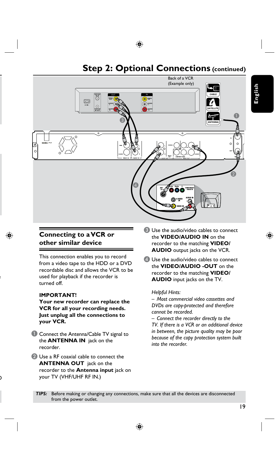 Step 2: optional connections, Connecting to a vcr or other similar device, Continued) | En g li sh, Ab c | Philips DVDR3435H User Manual | Page 19 / 73