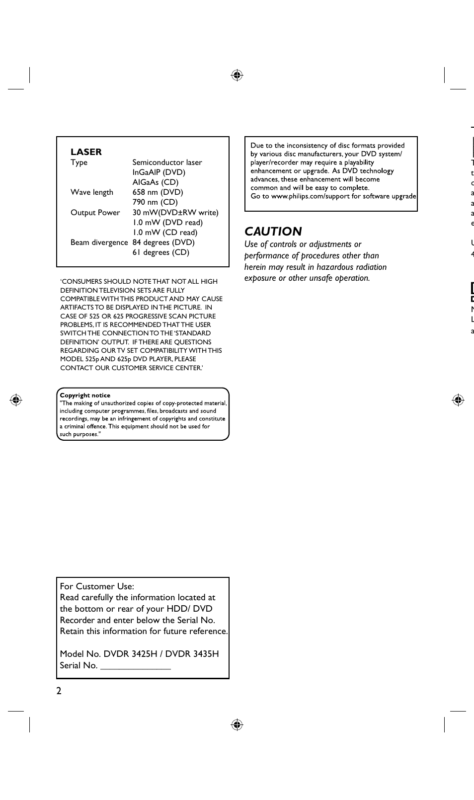 Index, Caution | Philips DVDR3435H User Manual | Page 2 / 73