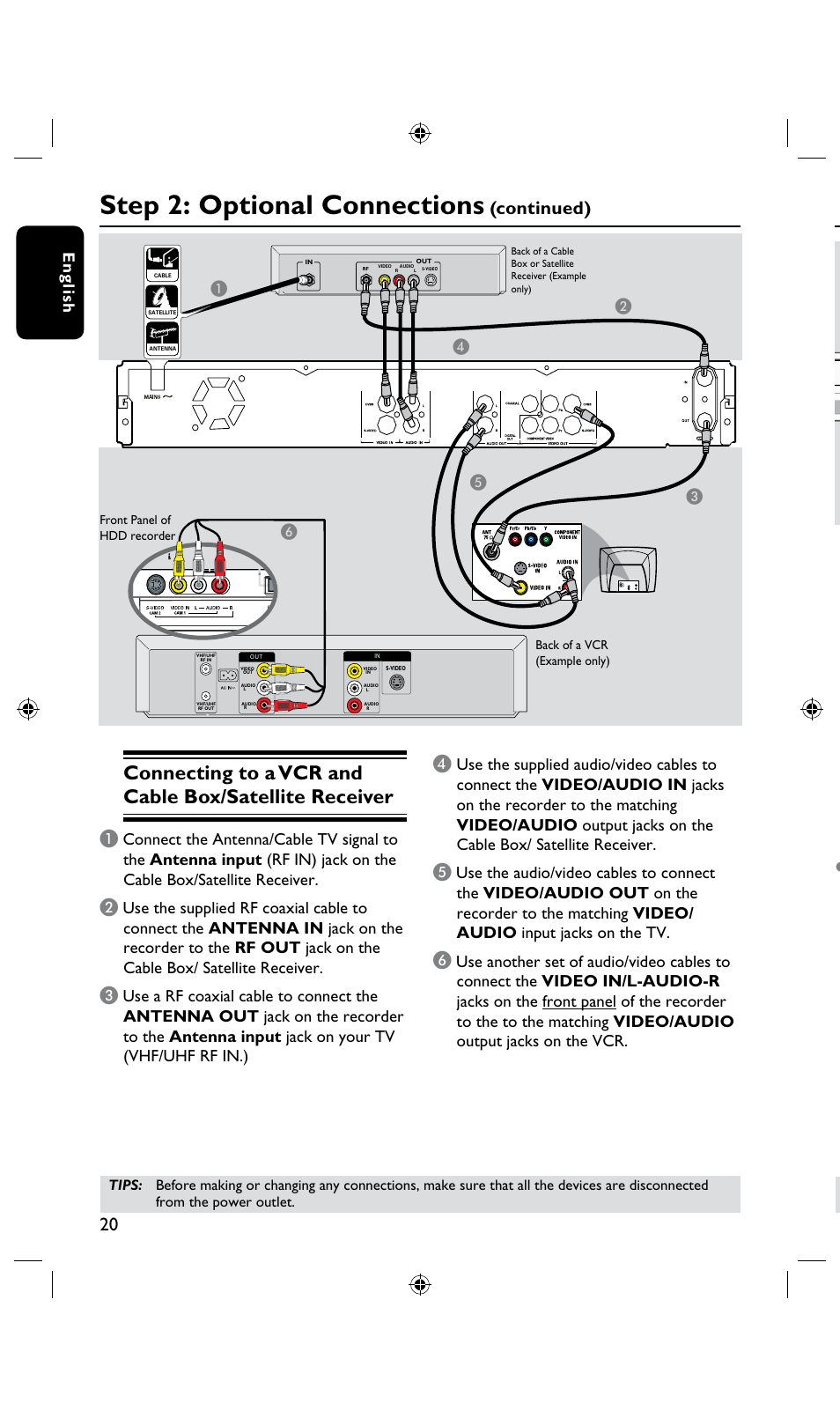 Step 2: optional connections, Connecting a camcorder to the front jacks, Continued) | En g lis h, Fd c a e | Philips DVDR3435H User Manual | Page 20 / 73