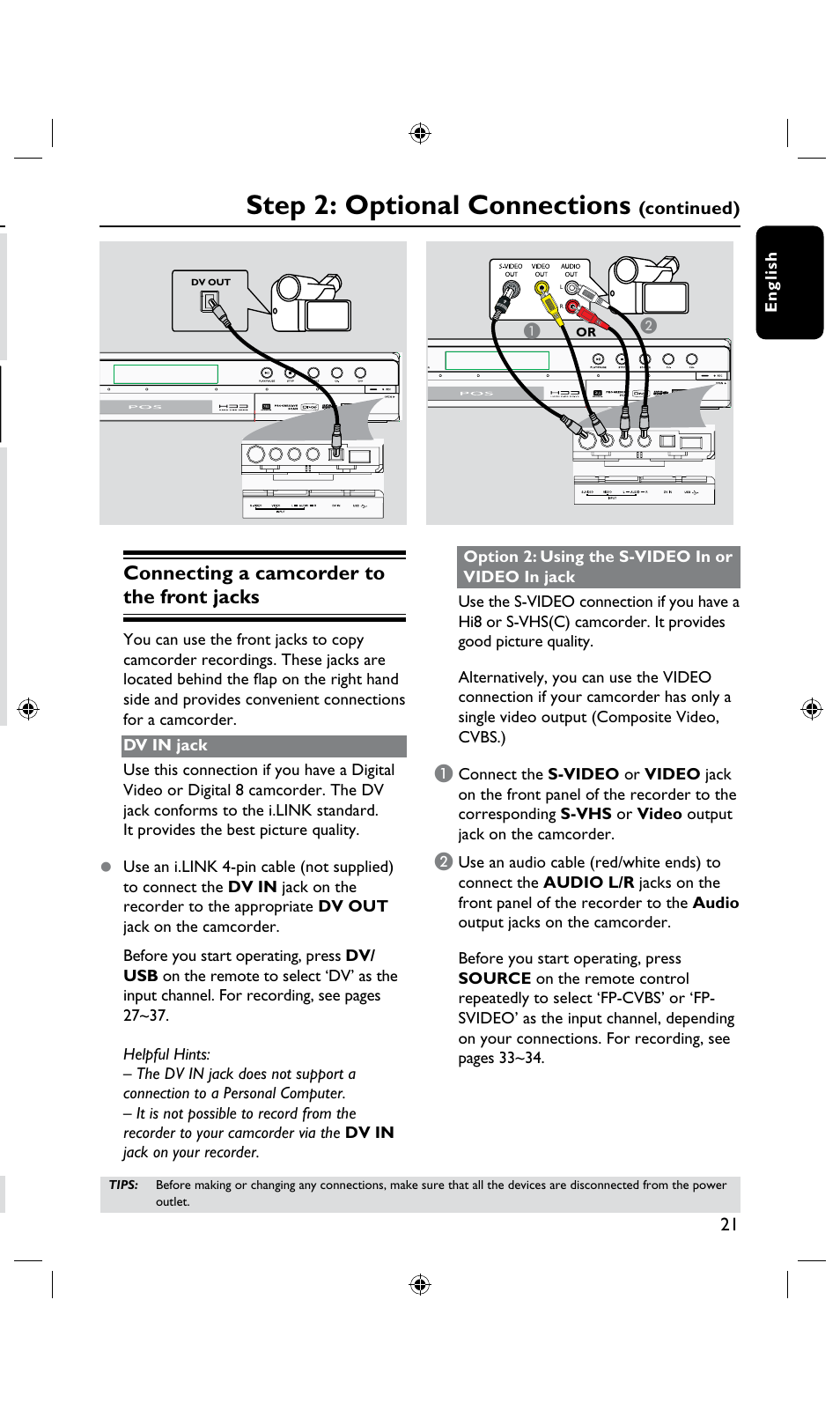 Step 2: optional connections, Connecting a camcorder to the front jacks, Continued) d | Continued), En g li sh | Philips DVDR3435H User Manual | Page 21 / 73