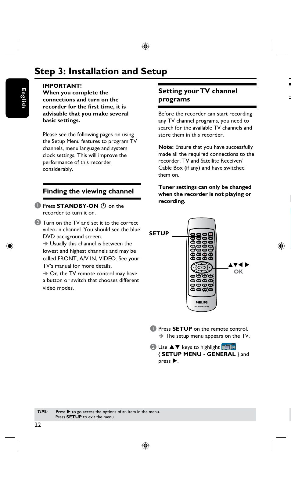 Step 3: installation and setup, Finding the viewing channel, Setting your tv channel programs | Continued) | Philips DVDR3435H User Manual | Page 22 / 73