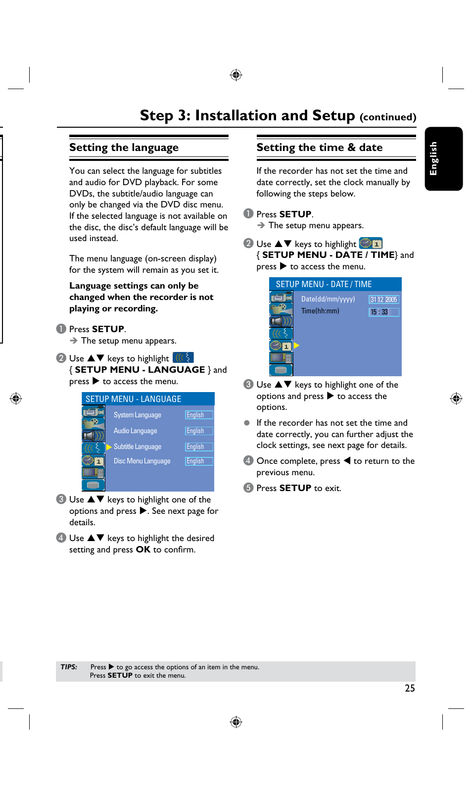 Step 3: installation and setup, Setting the language, Setting the time & date | Philips DVDR3435H User Manual | Page 25 / 73