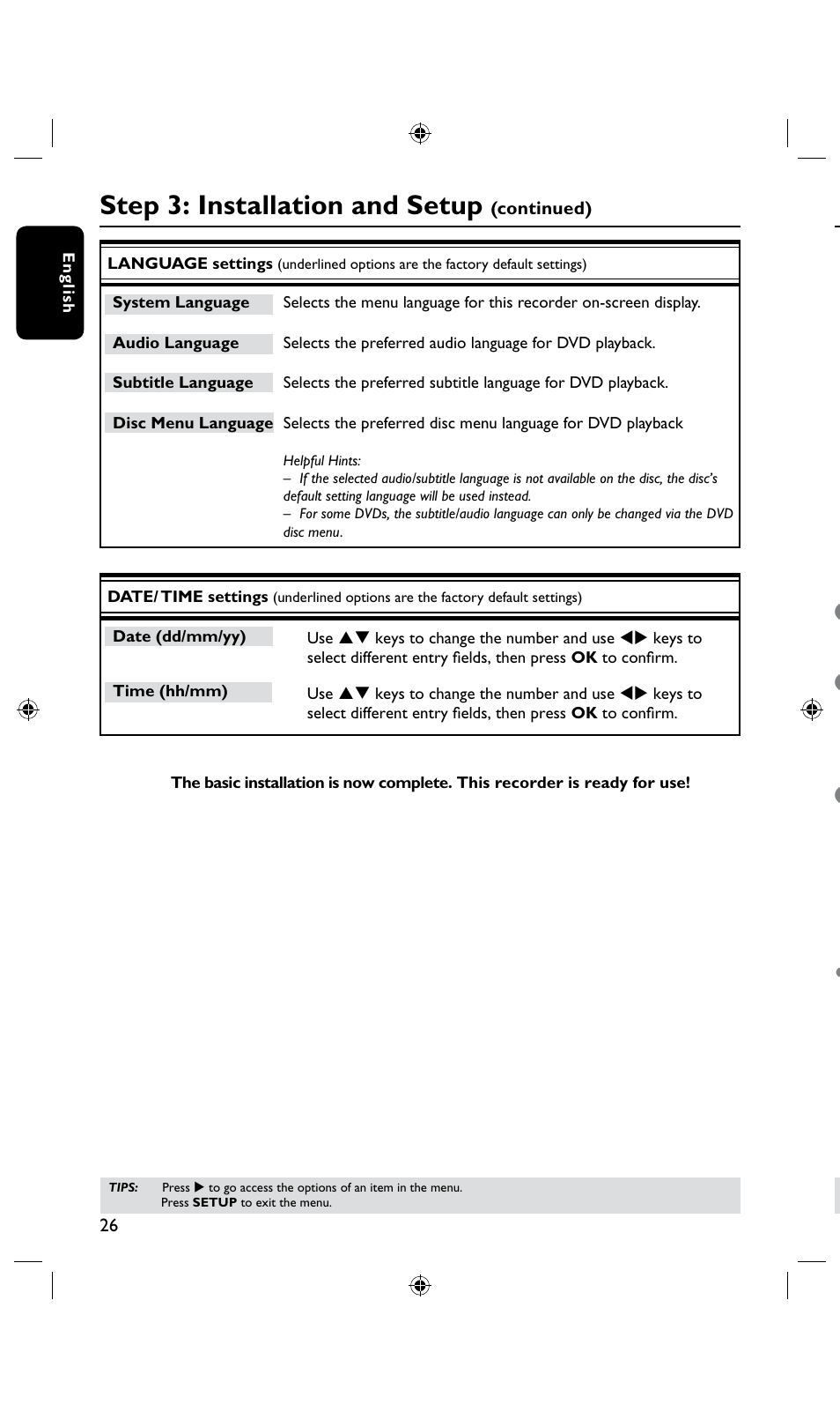 Step 3: installation and setup, Control tv programs, Switching on to tv program | Continued) | Philips DVDR3435H User Manual | Page 26 / 73