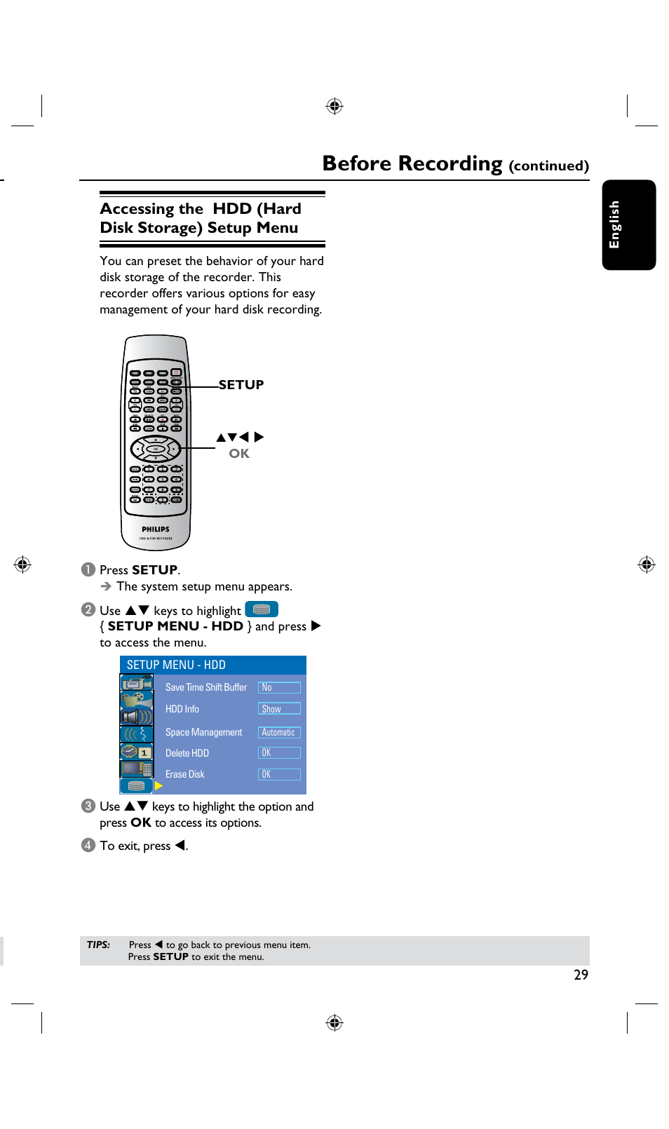 Before recording, Accessing the hdd (hard disk storage) setup menu | Philips DVDR3435H User Manual | Page 29 / 73