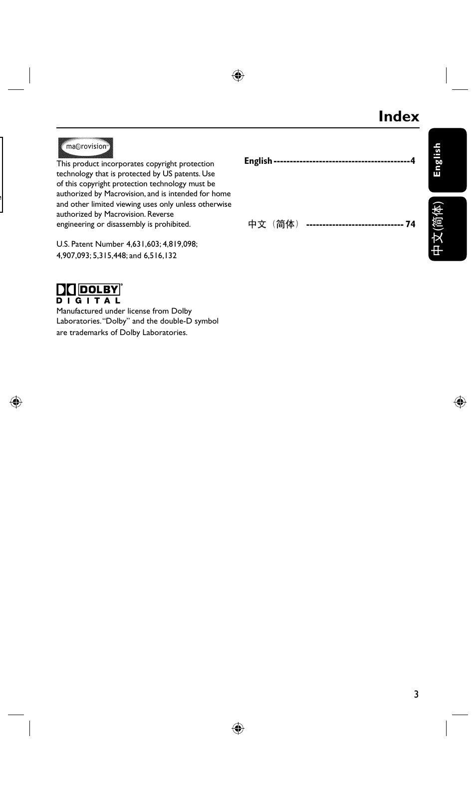 Index, Caution | Philips DVDR3435H User Manual | Page 3 / 73