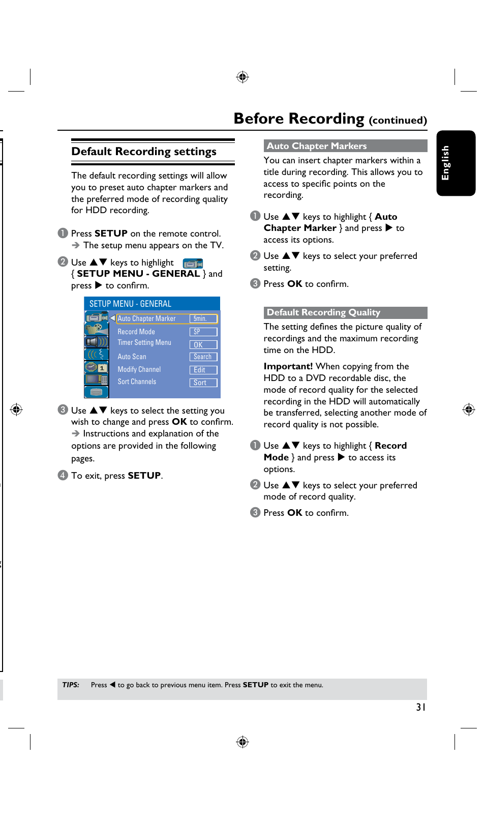 Before recording, Default recording settings, Continued) | Philips DVDR3435H User Manual | Page 31 / 73