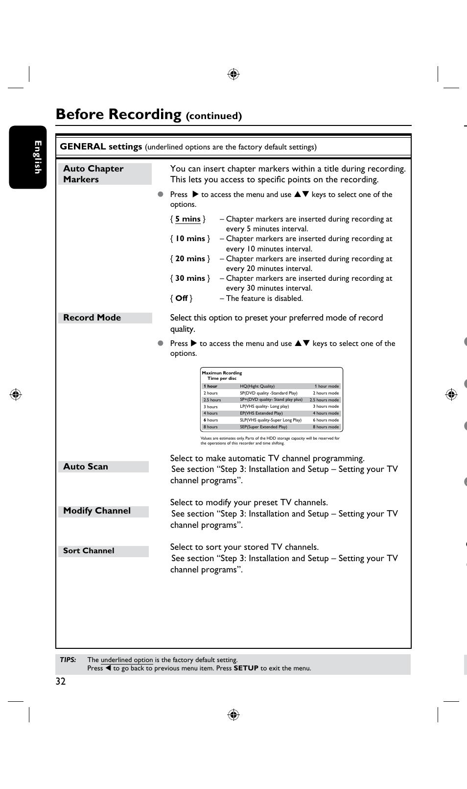 Before recording, Record on hard disk, Recording tv programs | Continued) | Philips DVDR3435H User Manual | Page 32 / 73