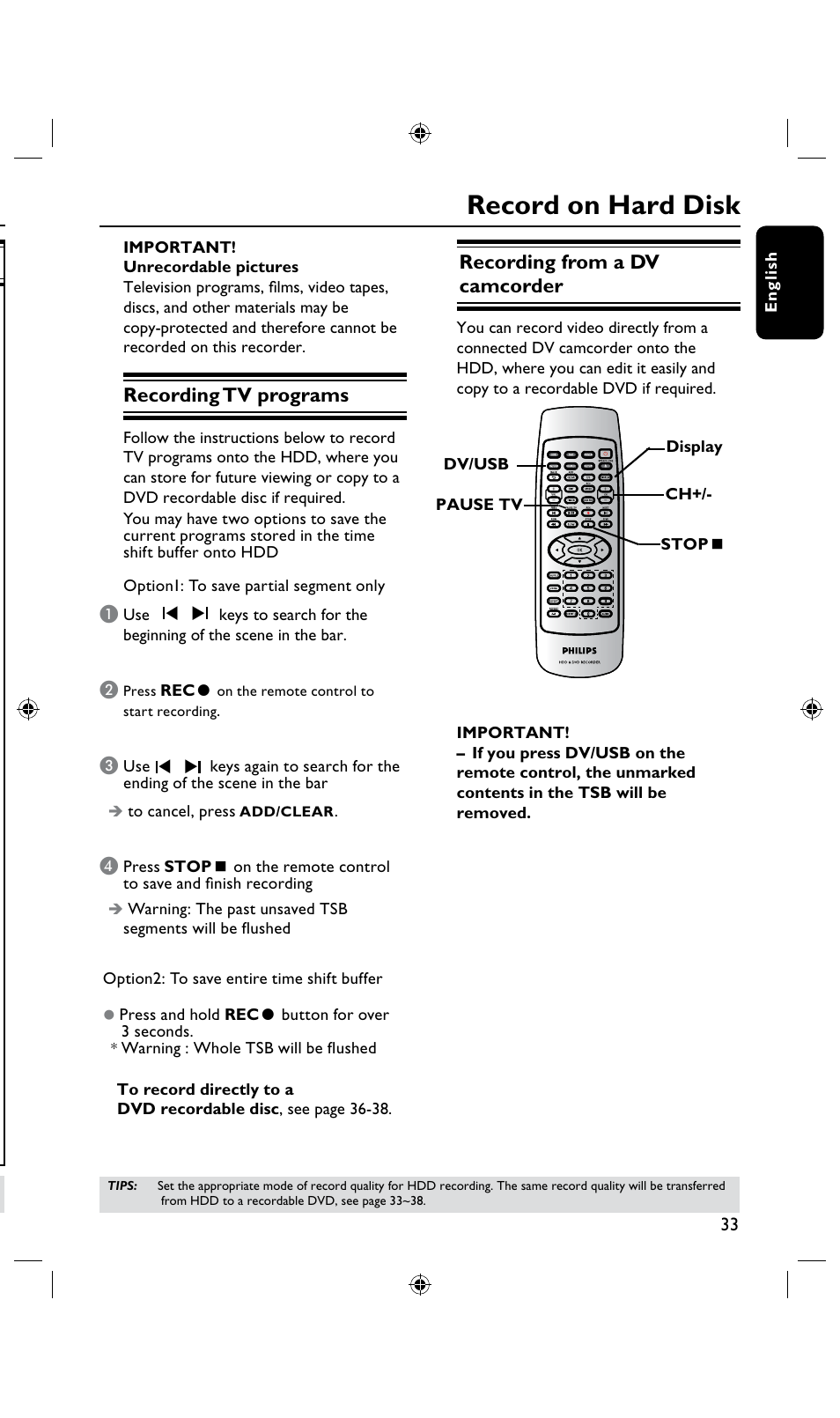 Before recording, Record on hard disk, Recording tv programs | Recording from a dv camcorder | Philips DVDR3435H User Manual | Page 33 / 73