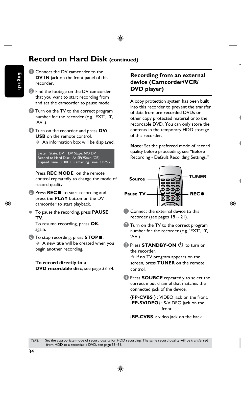 Record on hard disk | Philips DVDR3435H User Manual | Page 34 / 73