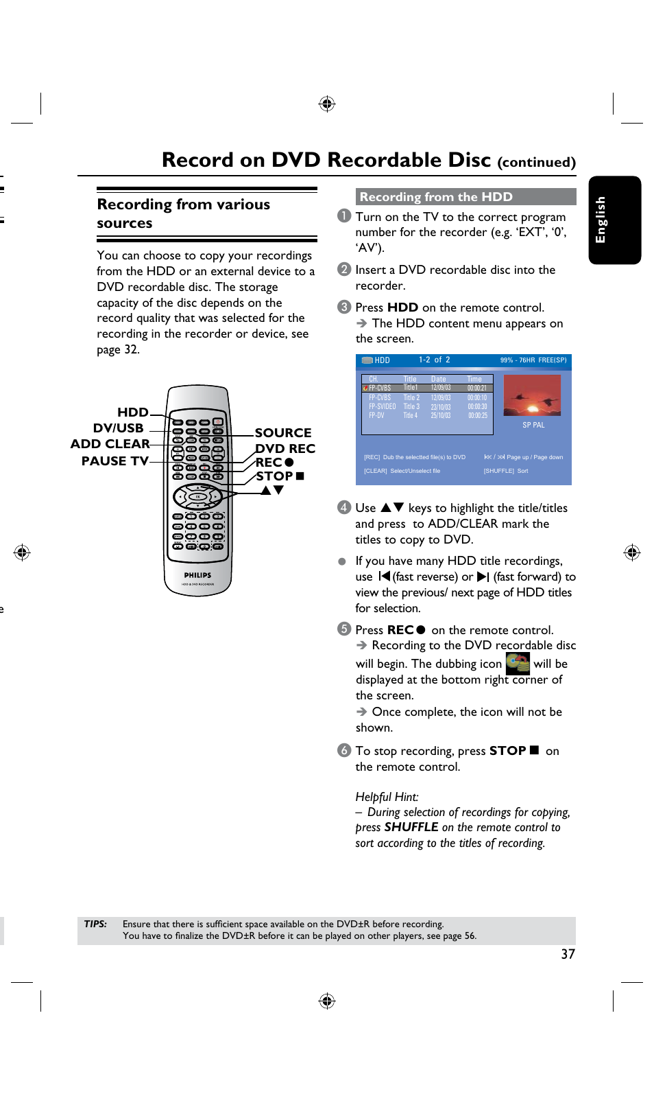 Record on dvd recordable disc, Discs for recording, Recording from various sources | Continued) | Philips DVDR3435H User Manual | Page 37 / 73