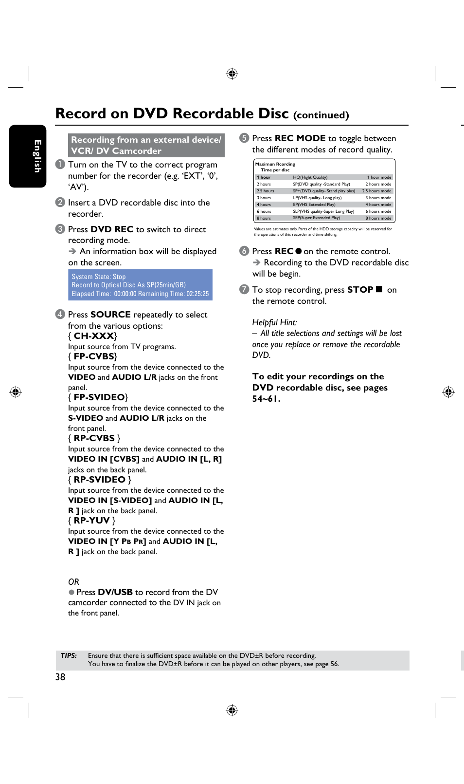 Record on dvd recordable disc, Timer recording, About timer recording | Continued) | Philips DVDR3435H User Manual | Page 38 / 73