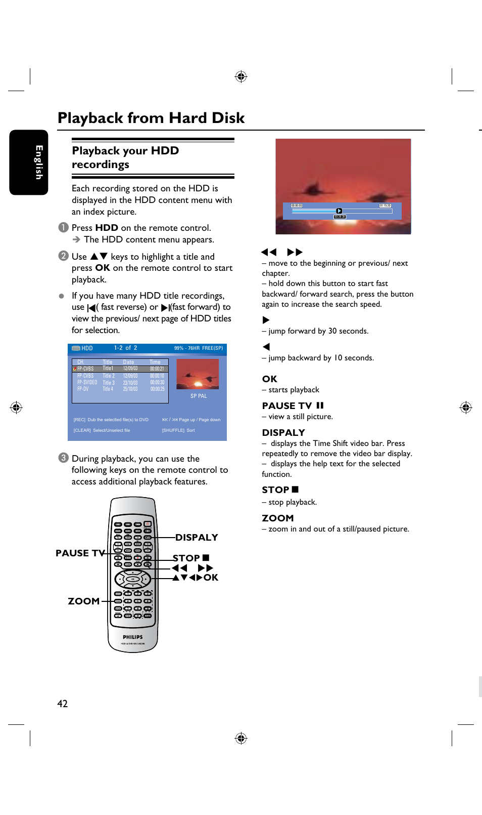 Playback from hard disk, Playback from disc, Playback your hdd recordings | Playable discs | Philips DVDR3435H User Manual | Page 42 / 73