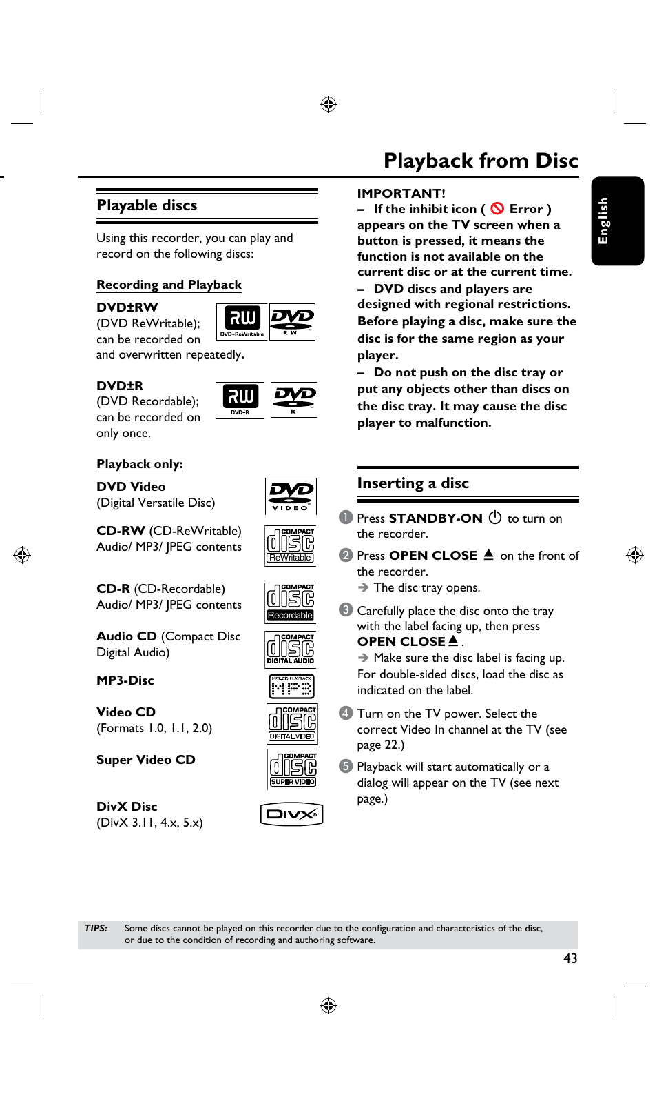 Playback from hard disk, Playback from disc, Playable discs | Inserting a disc | Philips DVDR3435H User Manual | Page 43 / 73