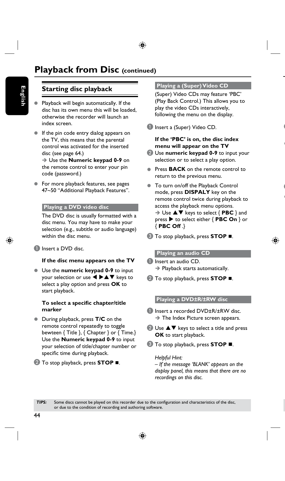 Playback from disc, Starting disc playback | Philips DVDR3435H User Manual | Page 44 / 73