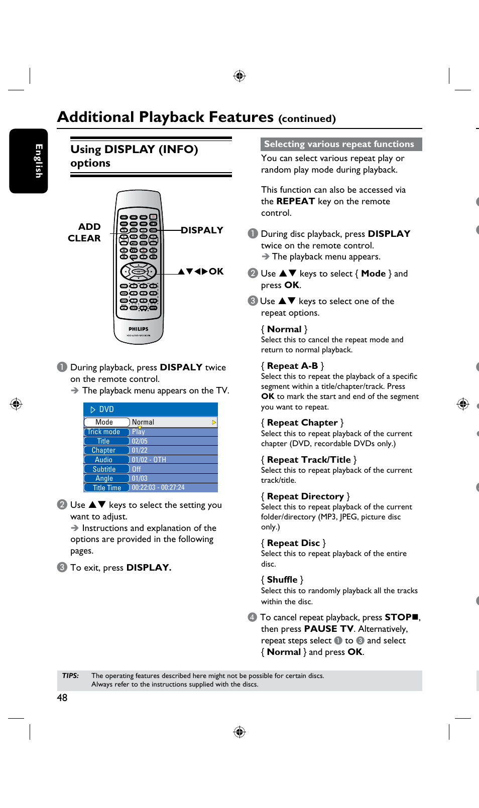 Additional playback features, Using display (info) options, Continued) | Philips DVDR3435H User Manual | Page 48 / 73