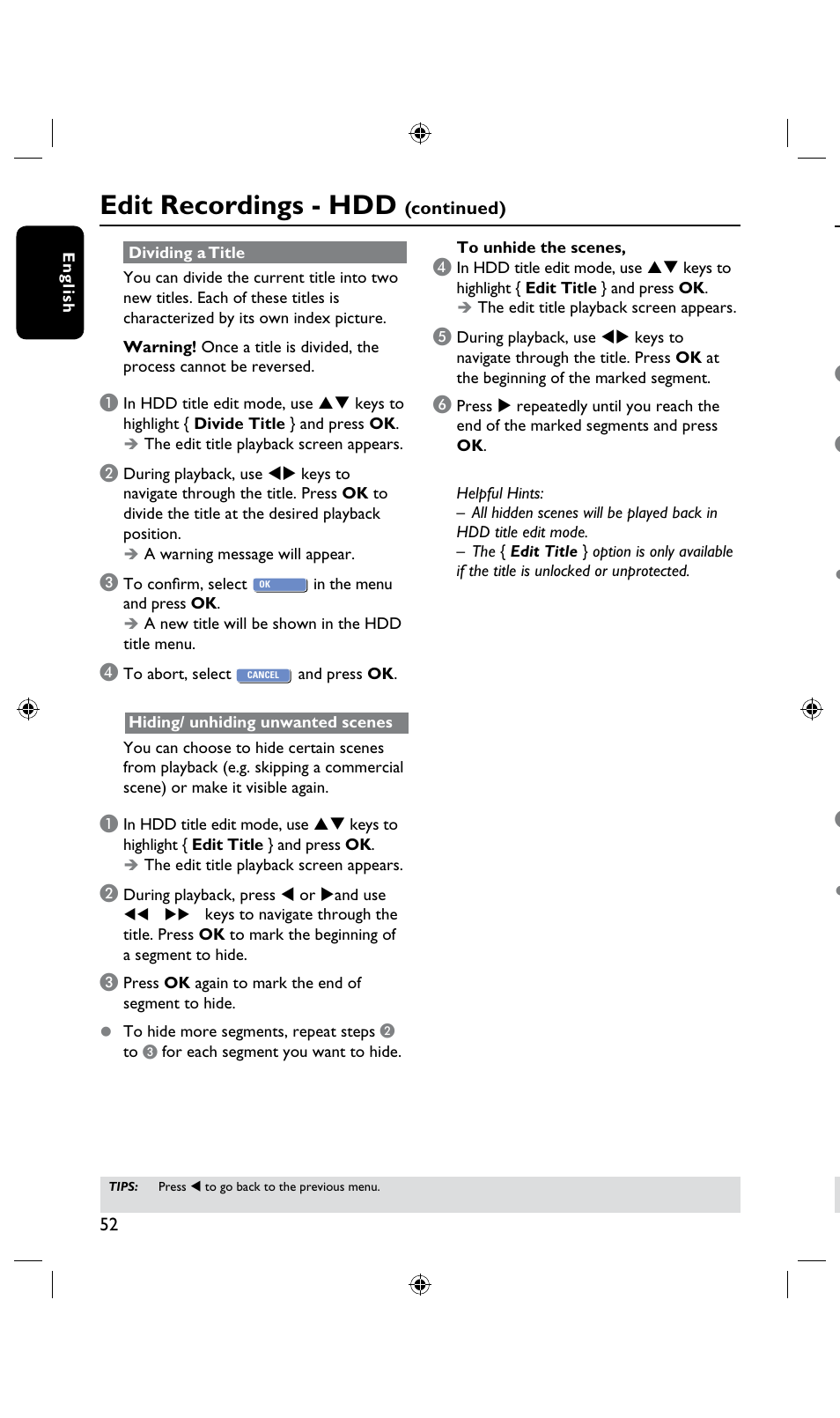 Edit recordings - hdd | Philips DVDR3435H User Manual | Page 52 / 73