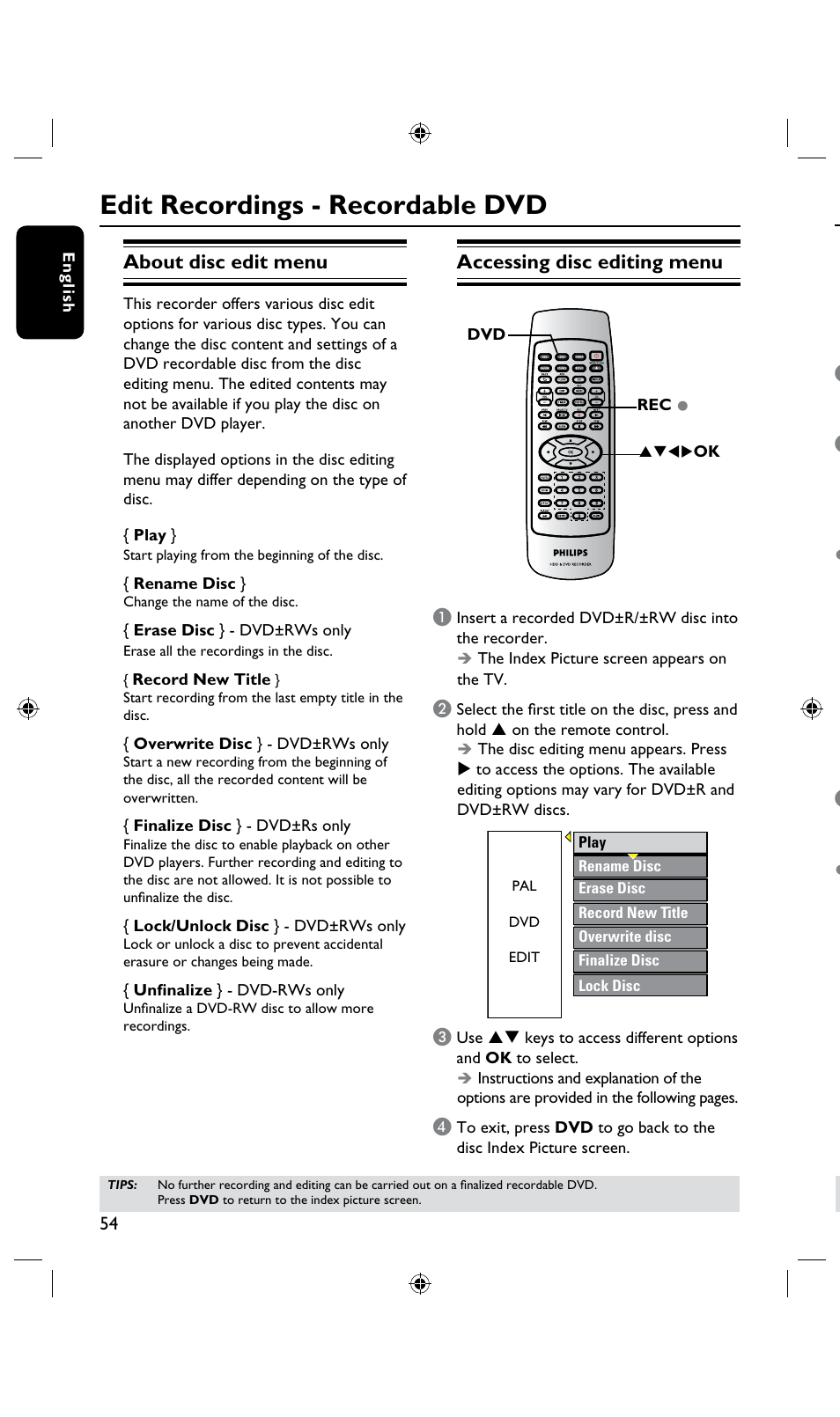 Edit recordings - recordable dvd, About disc edit menu, Accessing disc editing menu | Philips DVDR3435H User Manual | Page 54 / 73