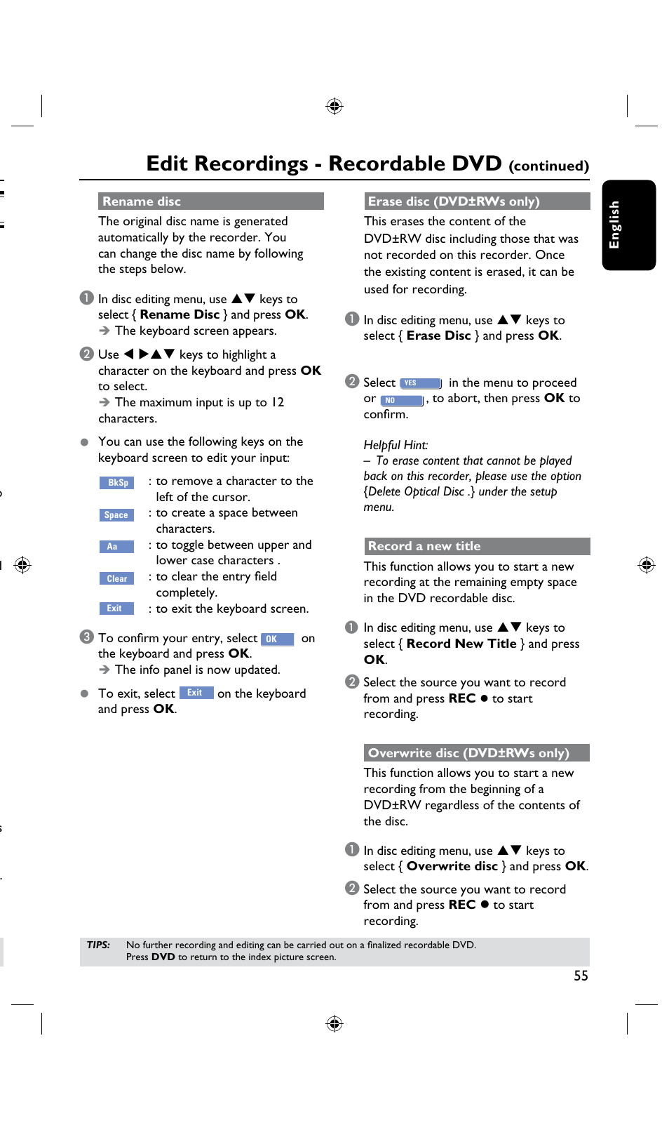 Edit recordings - recordable dvd, Accessing disc editing menu | Philips DVDR3435H User Manual | Page 55 / 73