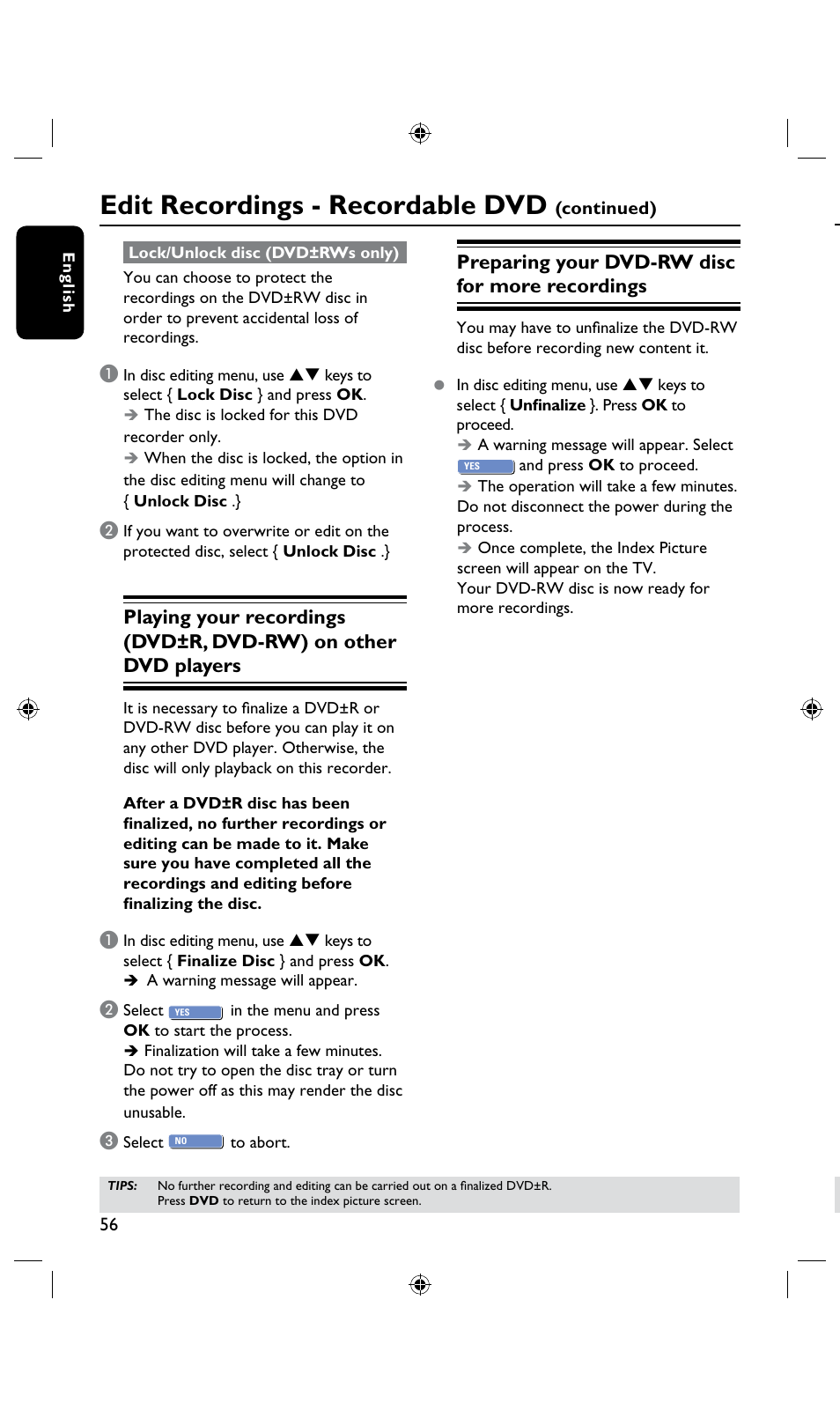 Edit recordings - recordable dvd, Preparing your dvd-rw disc for more recordings, About dvd title editing | Continued) | Philips DVDR3435H User Manual | Page 56 / 73