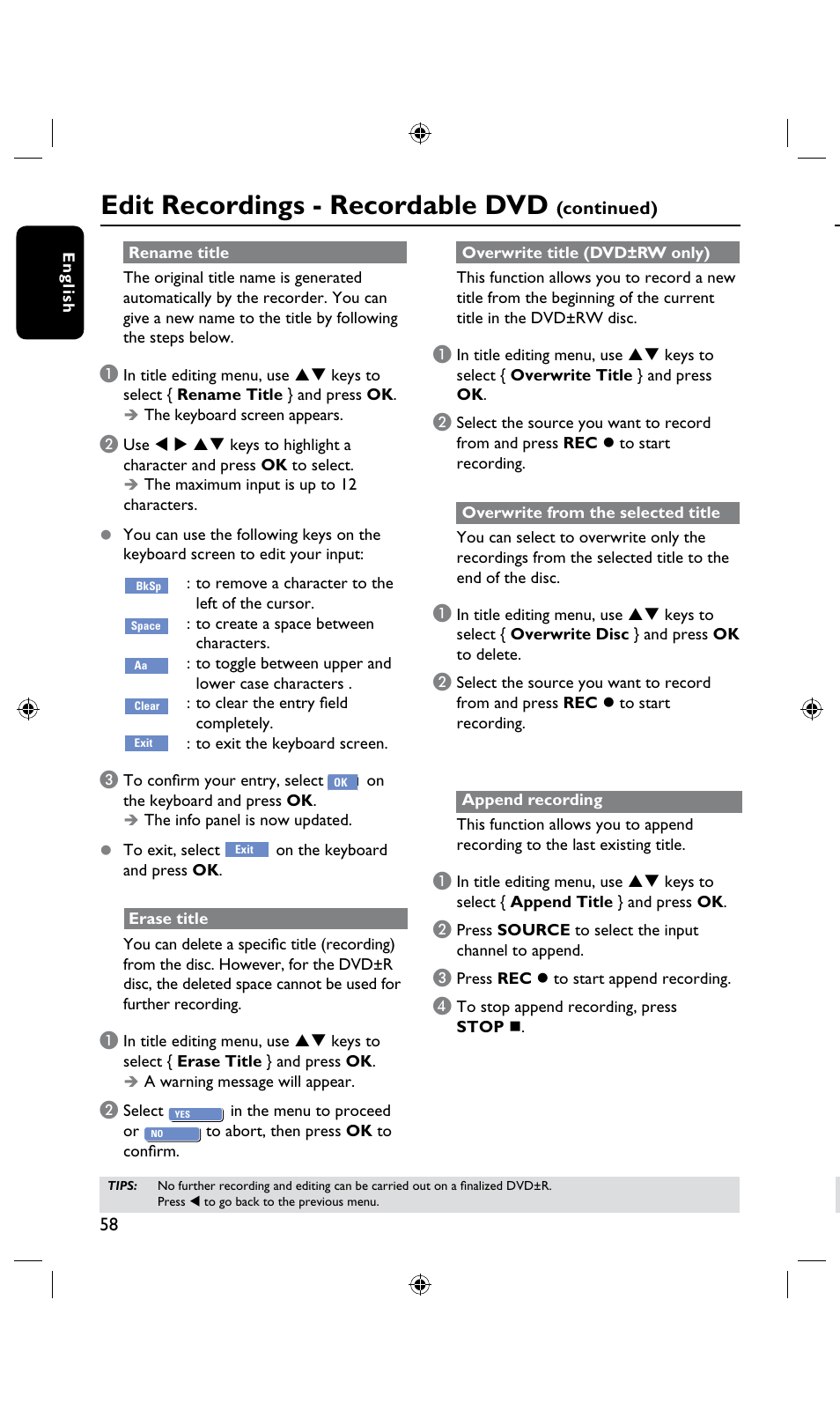 Edit recordings - recordable dvd, About video editing | Philips DVDR3435H User Manual | Page 58 / 73