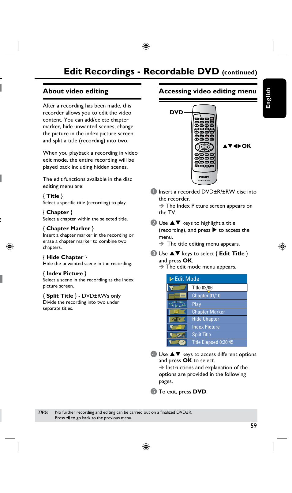 Edit recordings - recordable dvd, About video editing, Accessing video editing menu | Philips DVDR3435H User Manual | Page 59 / 73