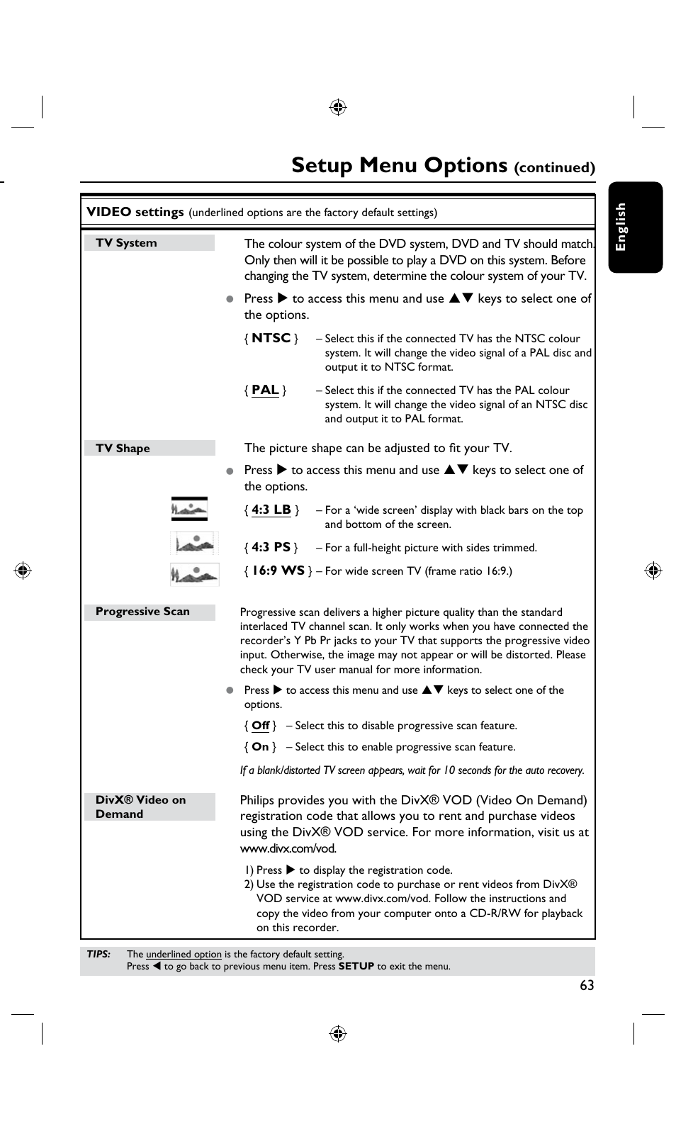 Setup menu options, Continued) | Philips DVDR3435H User Manual | Page 63 / 73