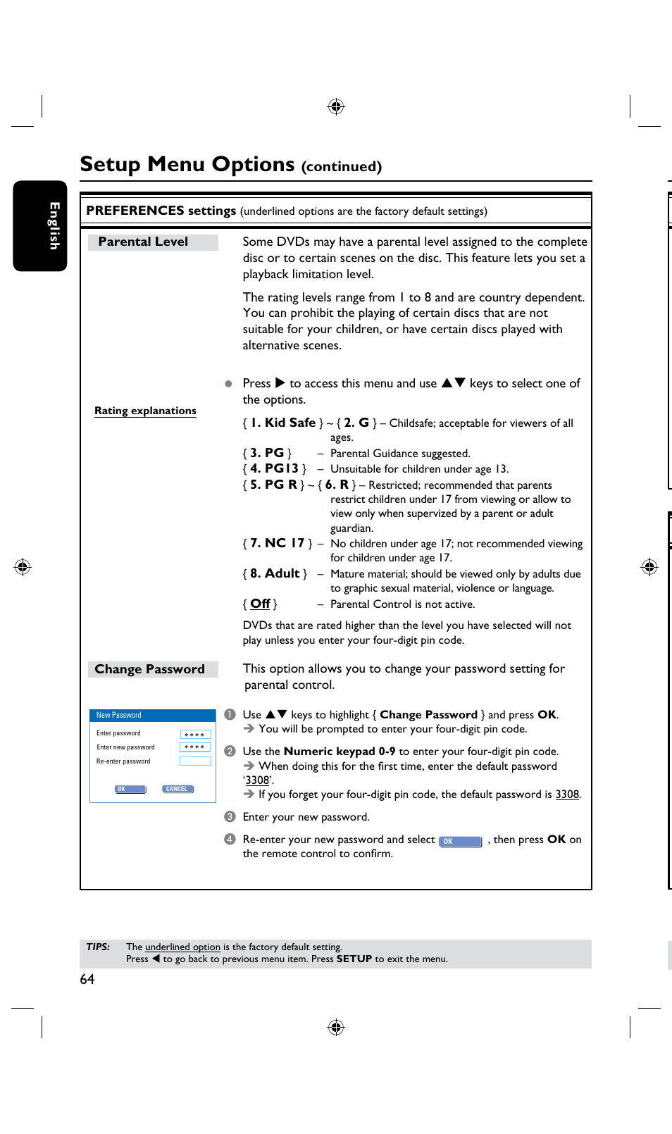 Setup menu options, Continued) | Philips DVDR3435H User Manual | Page 64 / 73