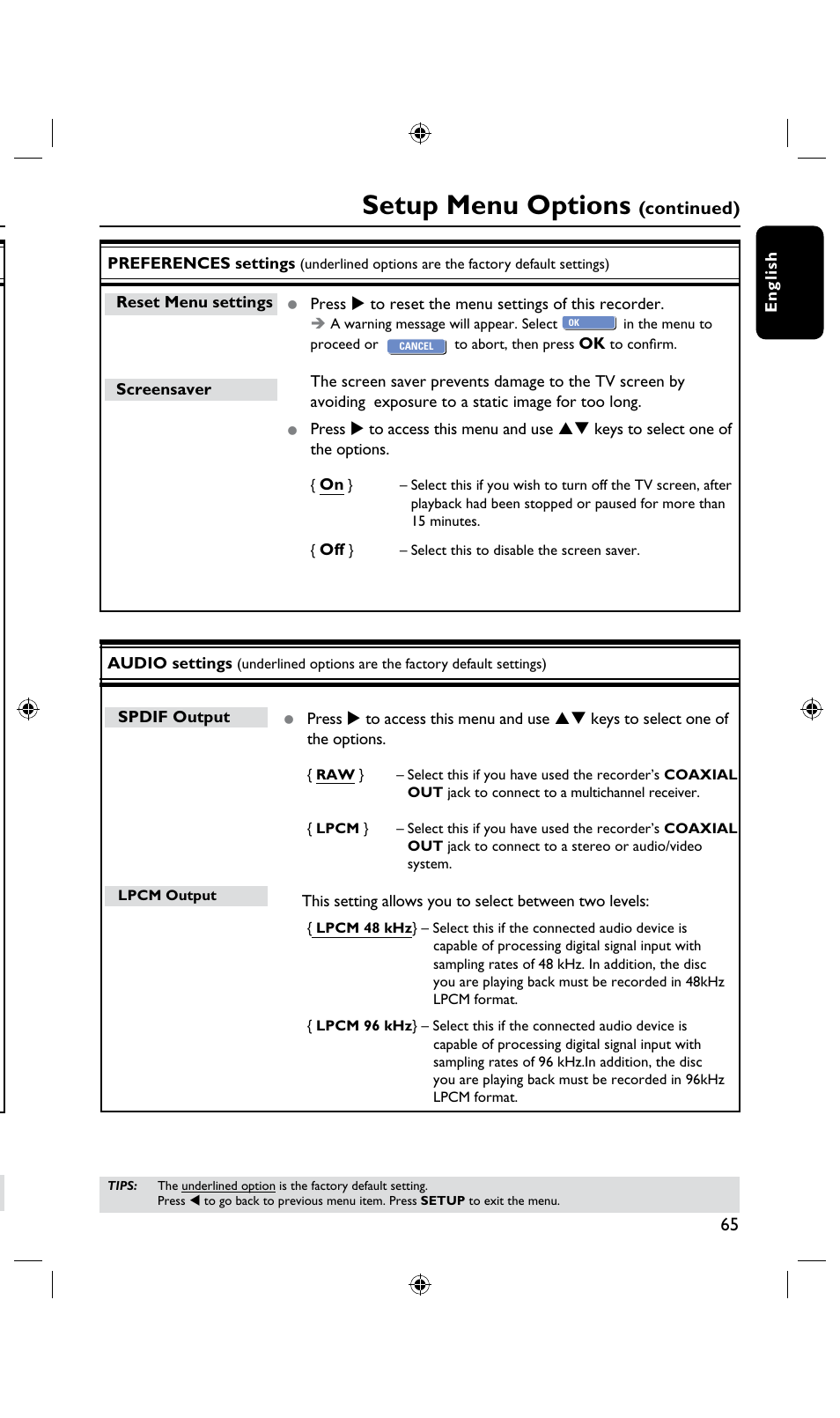 Setup menu options, Continued) | Philips DVDR3435H User Manual | Page 65 / 73