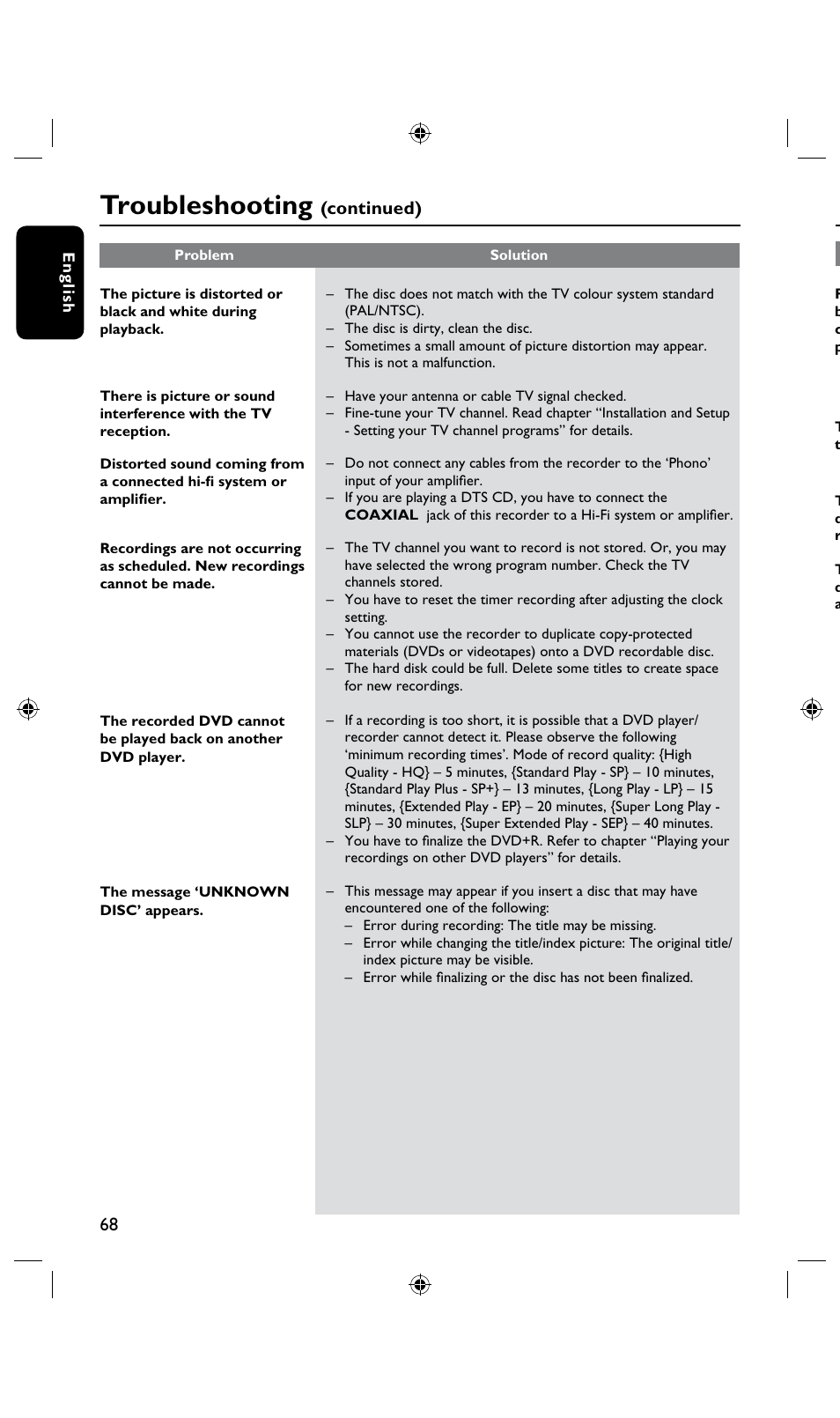 Troubleshooting, Continued) | Philips DVDR3435H User Manual | Page 68 / 73